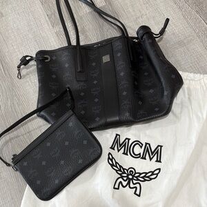 MCM Black Monogram Tote and Pouch Set